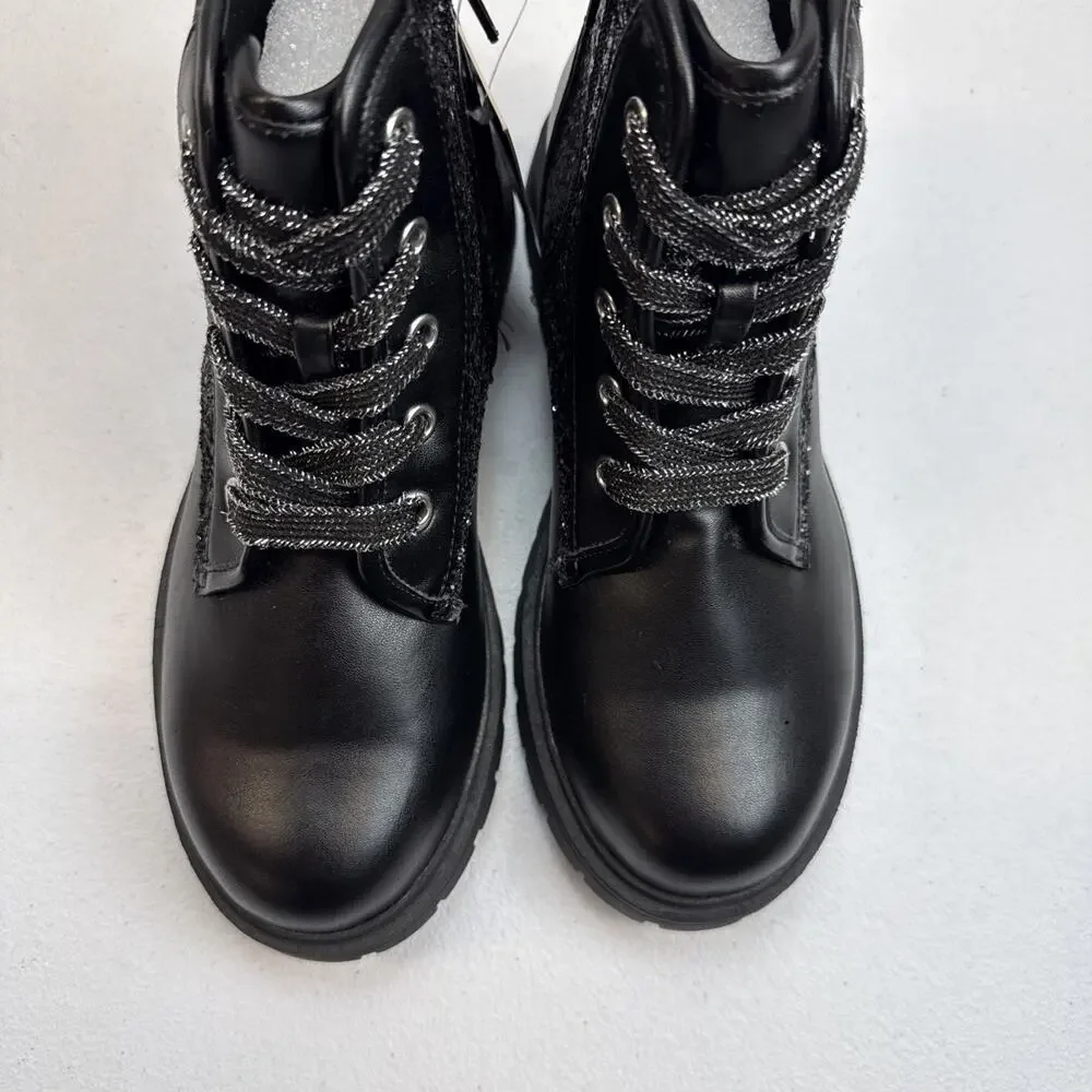 K KomForme Girls Glitter Combat Boots Velvet Lace Ankle Shoes Black Size 4